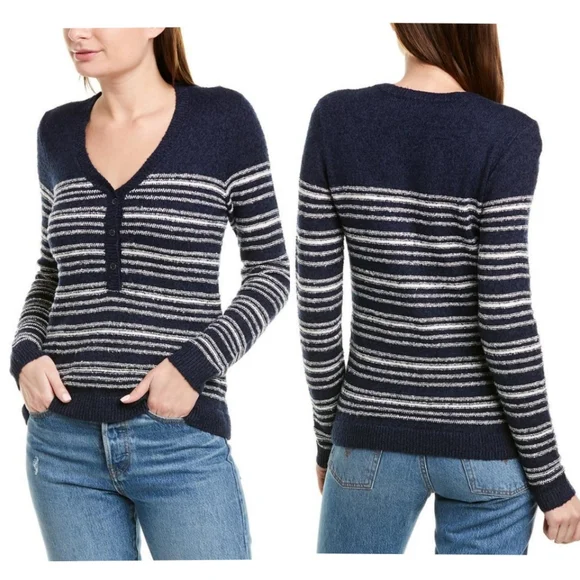Lilla P Stripe Terry Henley Pullover Sweater Blue/Cream MEDIUM & LARGE NWT - Picture 1 of 12